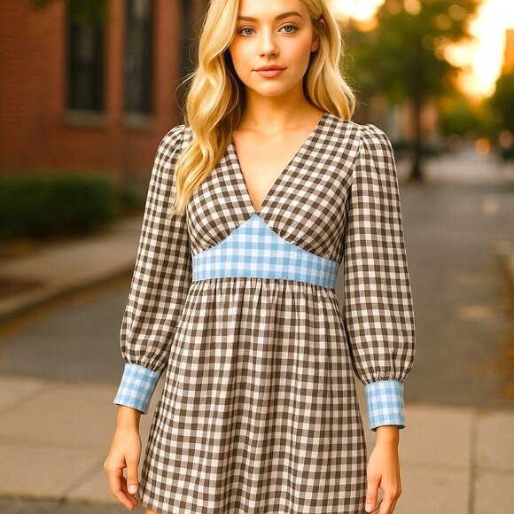 DEFECT-Molby the Label Mini Dress Womens 4 Gingham Brown and Light Blue - Picture 16 of 16